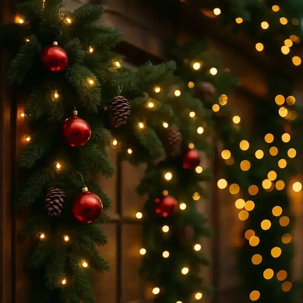 Närbild av juldekorationer med grangirlang, röda julgranskulor, tallkottar och blinkande ljusslingor.