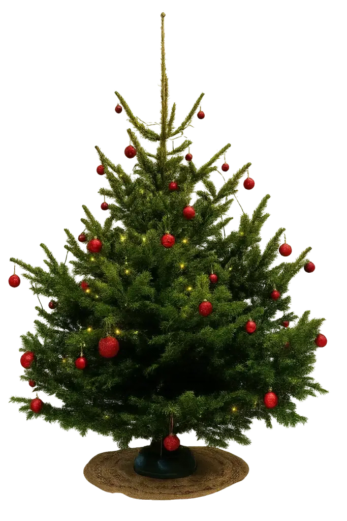 En grön julgran prydd med röda, glittriga julgranskulor och svaga gula ljusslingor, placerad på en rund, flätad matta.