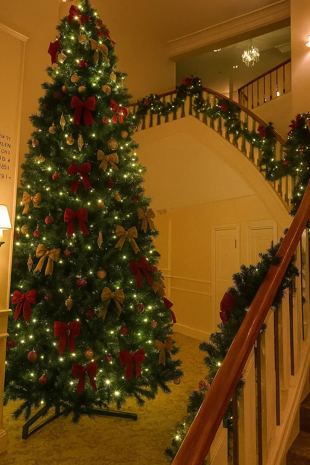 En festligt dekorerad julgran i en elegant lobby med en imponerande trappa smyckad med juldekorationer.