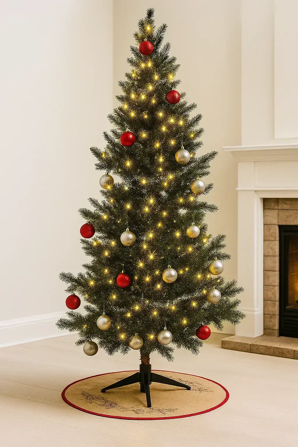 En prydd julgran står i ett rum, dekorerad med röda och silverfärgade ornament och små ljusslingor.