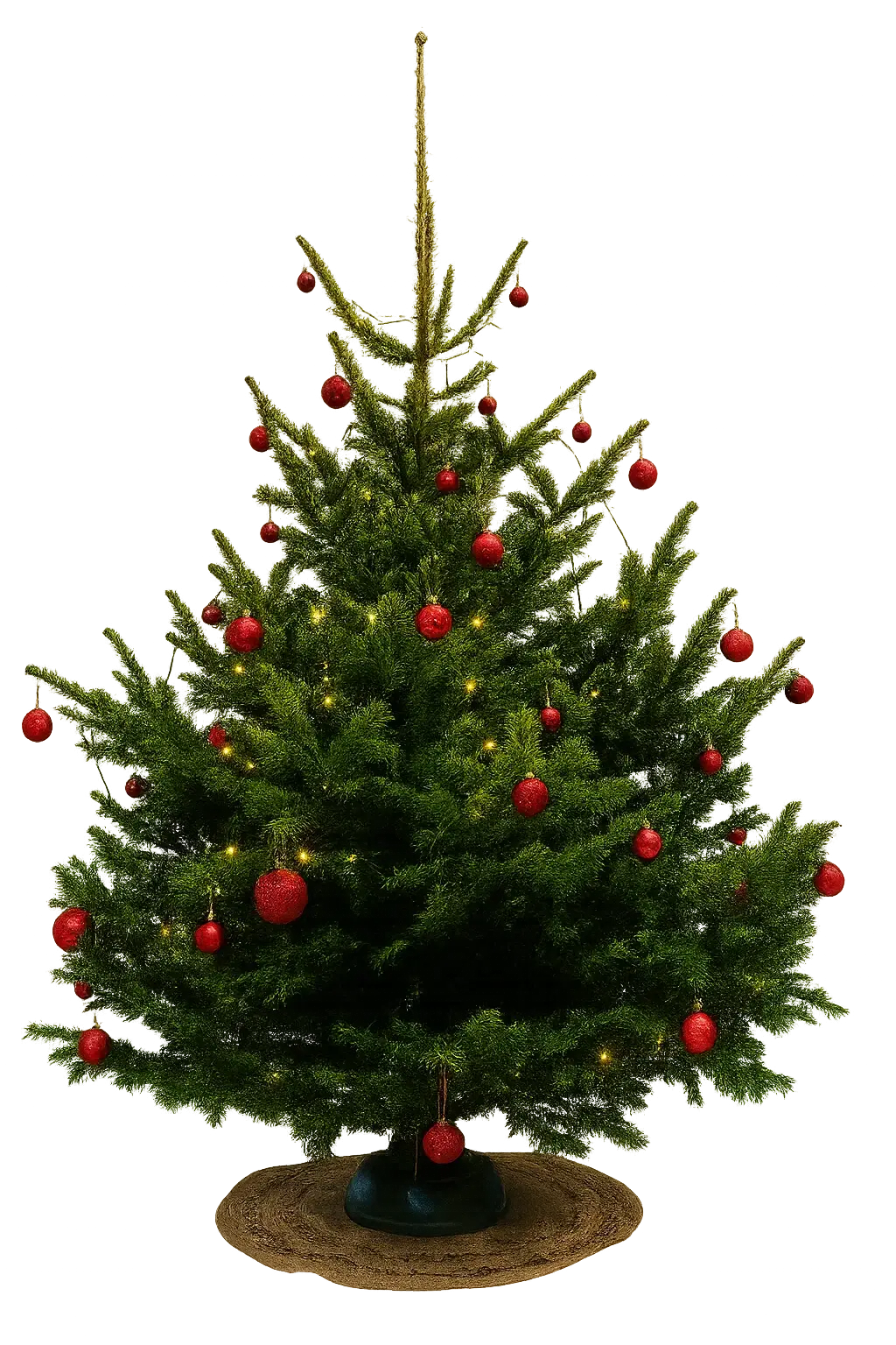 En grön julgran prydd med röda, glittriga julgranskulor och svaga gula ljusslingor, placerad på en rund, flätad matta.