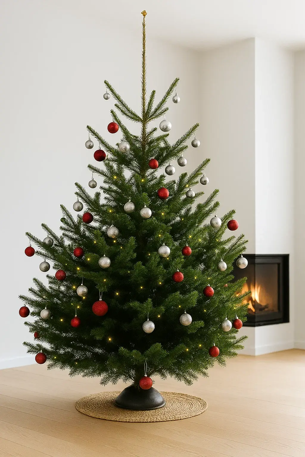 Ett julgran prydd med röda och silverfärgade ornament, står på en flätad matta i ett ljust rum med en modern öppen spis.