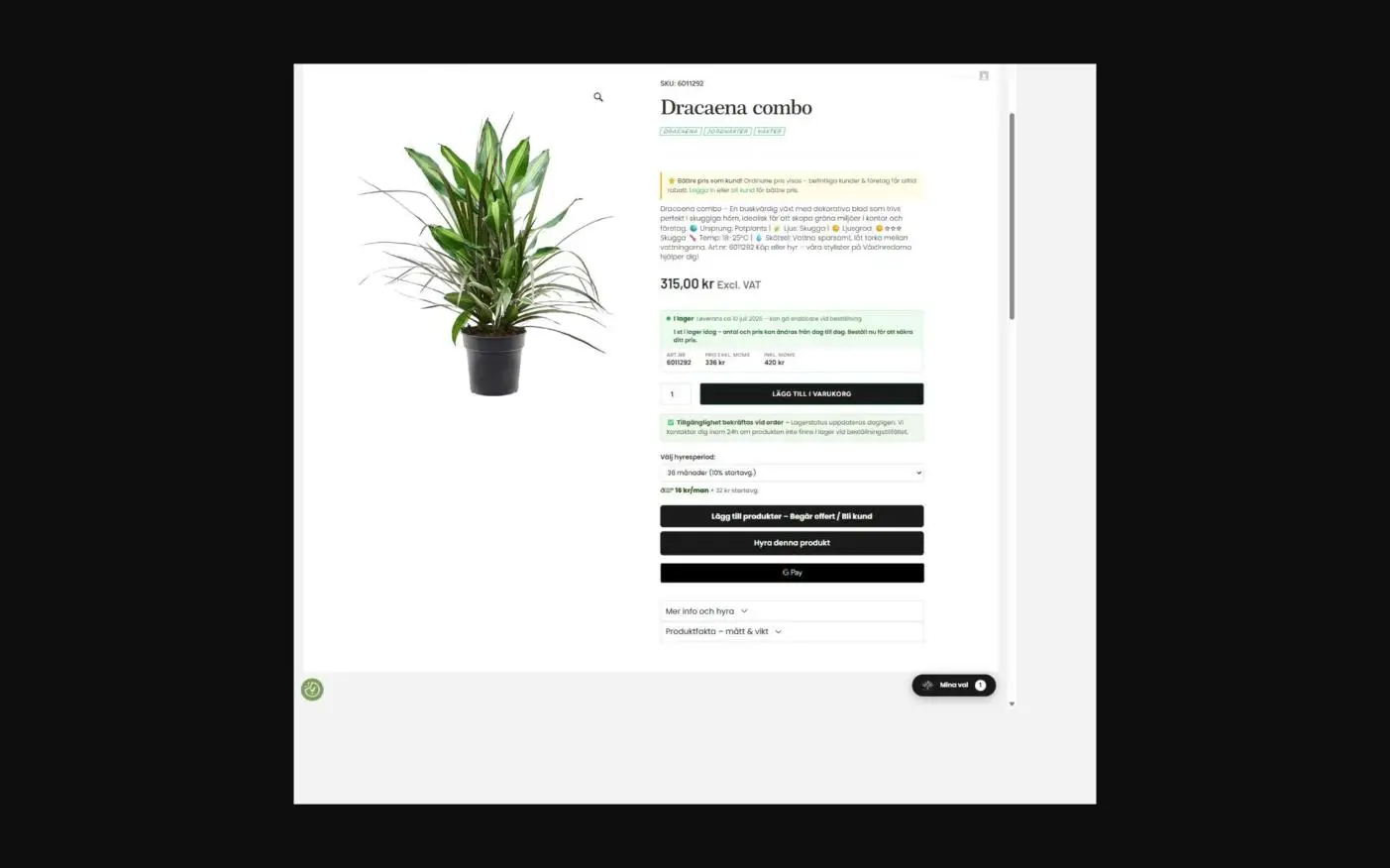 Produktsida med pris direkt – Växtinredarna